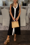 Women's Casual Simple V-neck Sleeveless Black and White Contrast Dress
