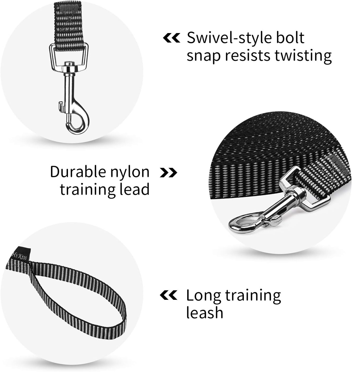 Hi Kiss Dog/Puppy Obedience Recall Training Agility Lead - 15ft 20ft 30ft 50ft 100ft Training Leash - Great for Play, Camping, or Backyard - Black 30ft