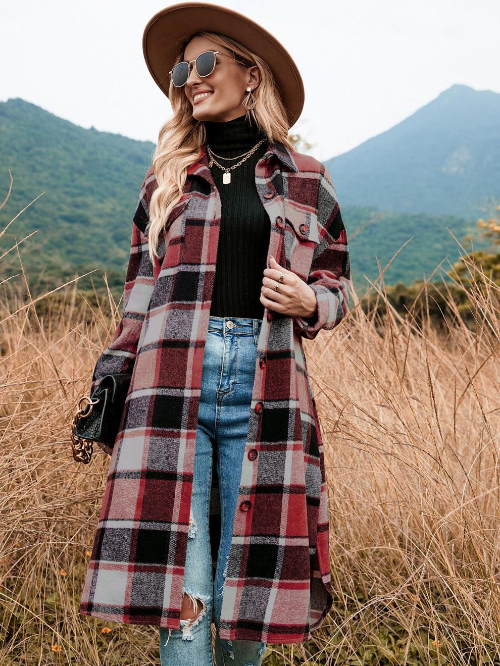 🔥 Last Day Promotion 50% OFF 🔥Women's Plaid Print Button Front Split Long Sleeve Warm Coat