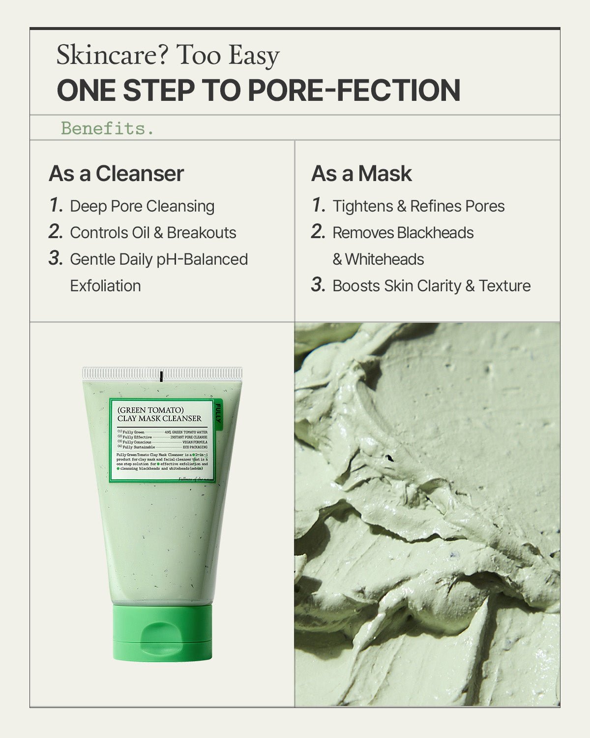 Green Tomato Clay Mask Cleanser, Pore Purifying with 49% Green Tomato Extract