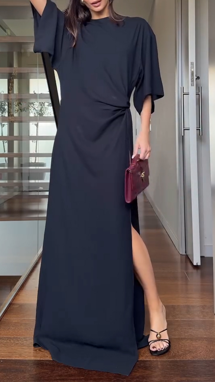 Ladies' Round Neck Solid Color Slit Temperament High-end Dress