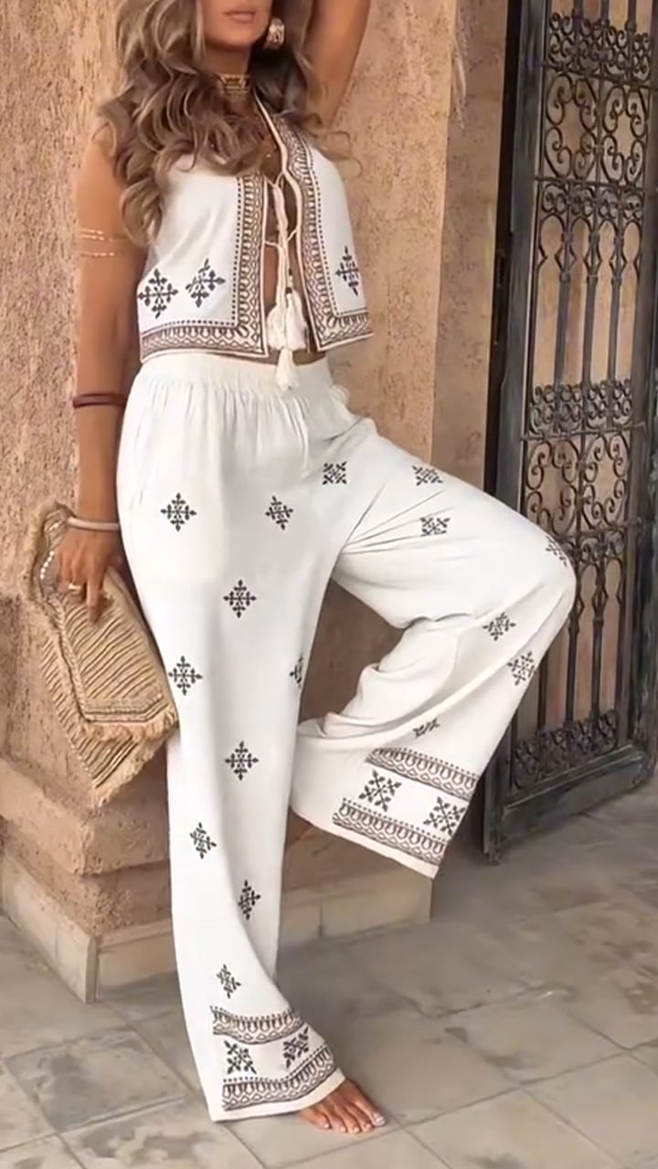 Ladies' Round Neck Vest Tassel Top+printed Pants Casual Suit