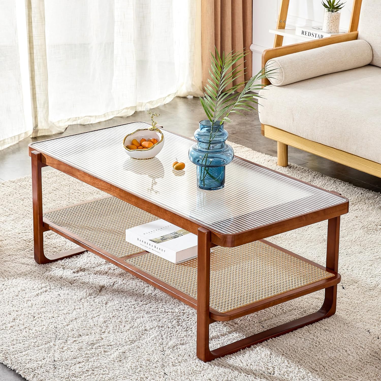 Mid Century Modern Coffee Table with Storage, 41.3 Inch Rectangle Wooden Accent Center Tables with Sliding PE Rattan Woven Door Panel and Solid Wood Legs, Suitable for Living Room, Apartment