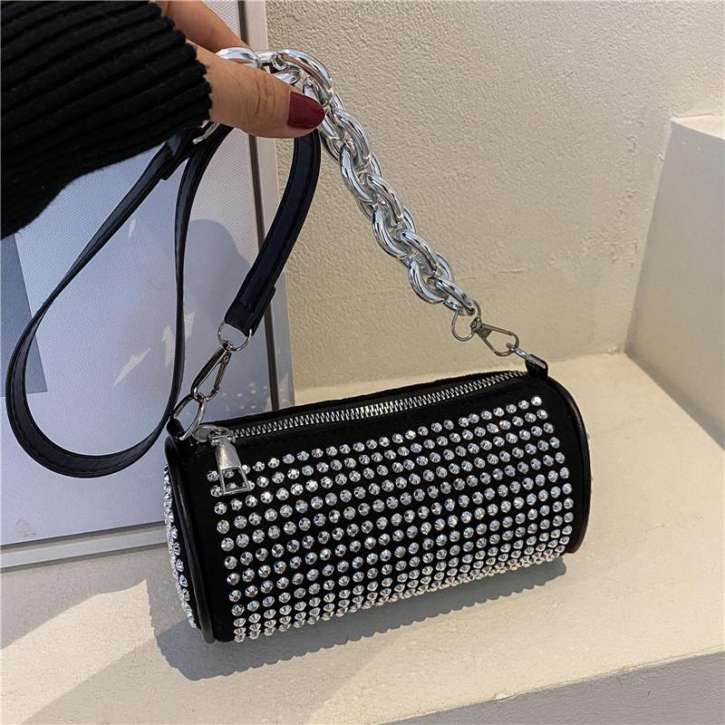 Women's shoulder bag full of diamonds, fashionable and versatile, bright diamond cylindrical bag