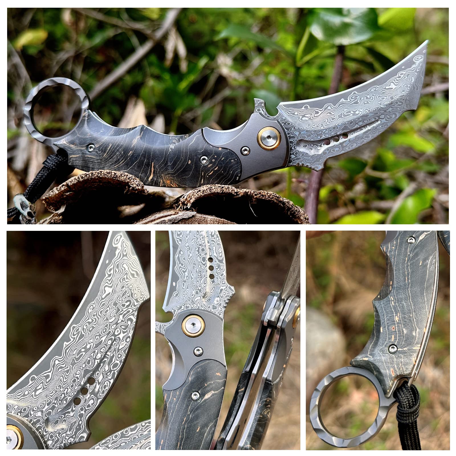 Handmade Damascus steel Folding Pocket EDC Knife-with cowhide sheath And pocket clip