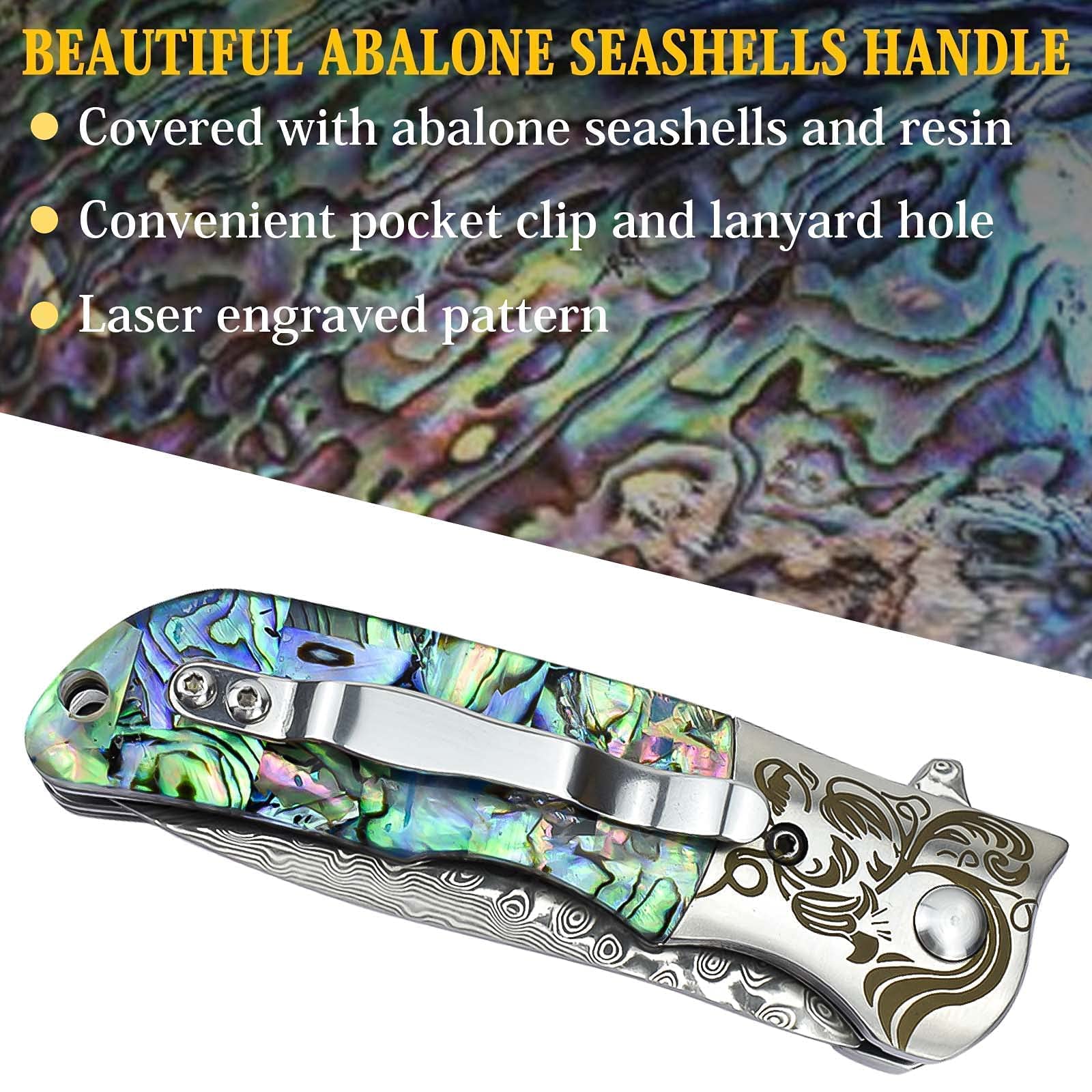 (🔥Last Day Promotion - 50%OFF) Abalone Shells EDC Damascus Pocket Knife - Buy 2 Free Shipping
