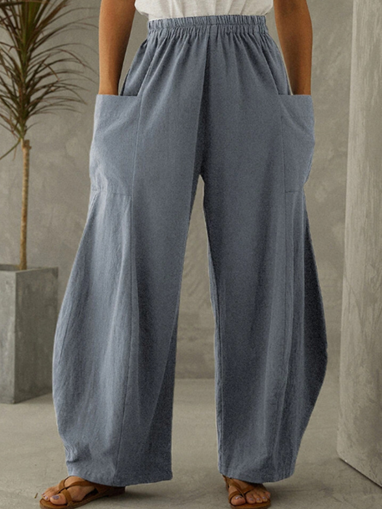 Women Cotton Linen Pocket Elastic Waist Pants