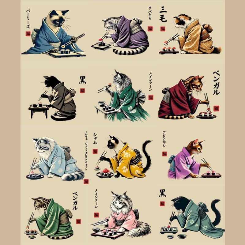 'Cats in Kimonos Eating Sushi' calendar2025