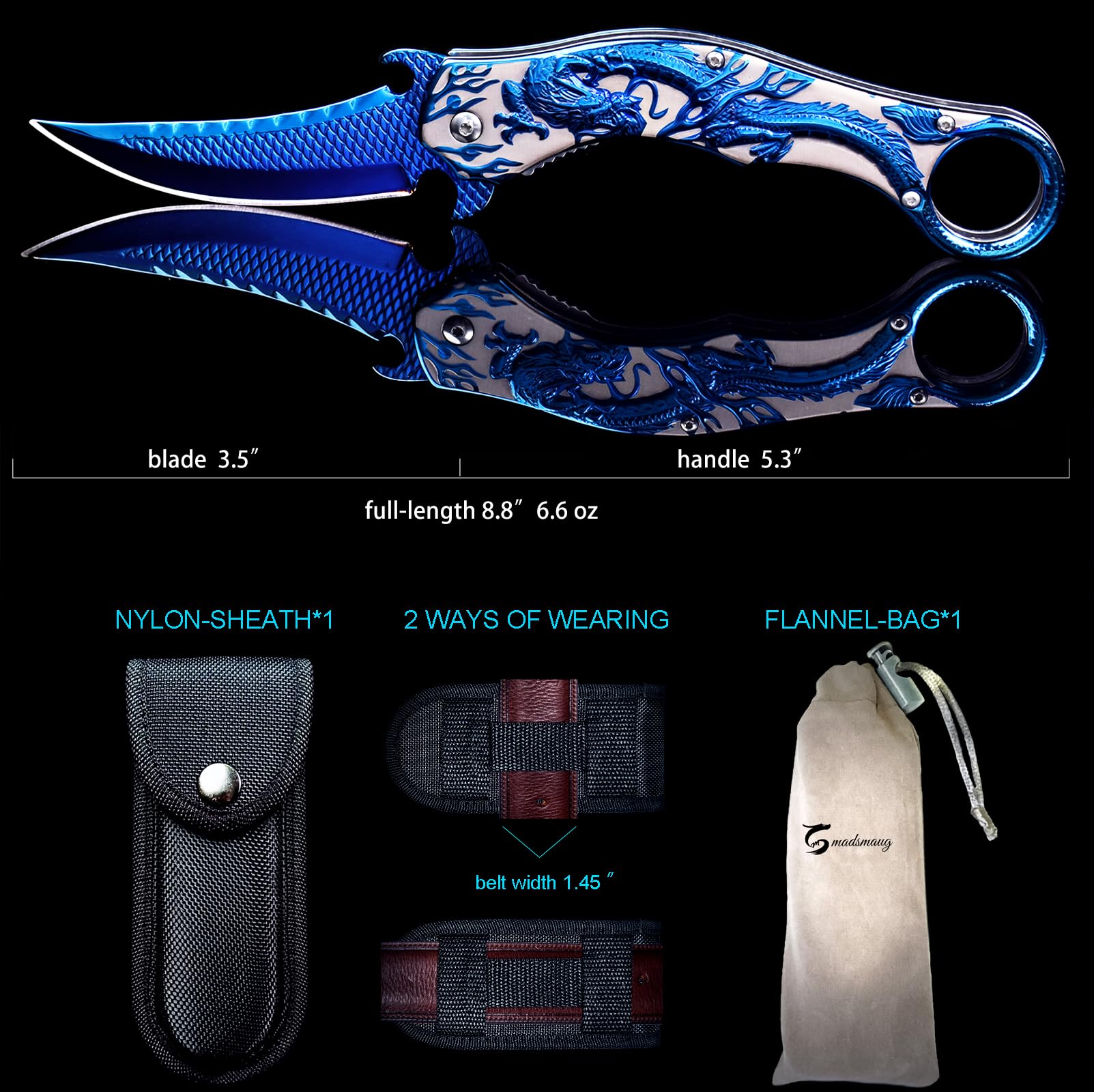 Blue Dragon Knife Dark Side-9Cr18Mo BLADE Pocket Folding Knife With Sheath
