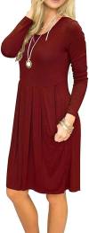 AUSELILY Women's Long Sleeve Pleated Loose Swing Casual Dress with Pockets Knee Length