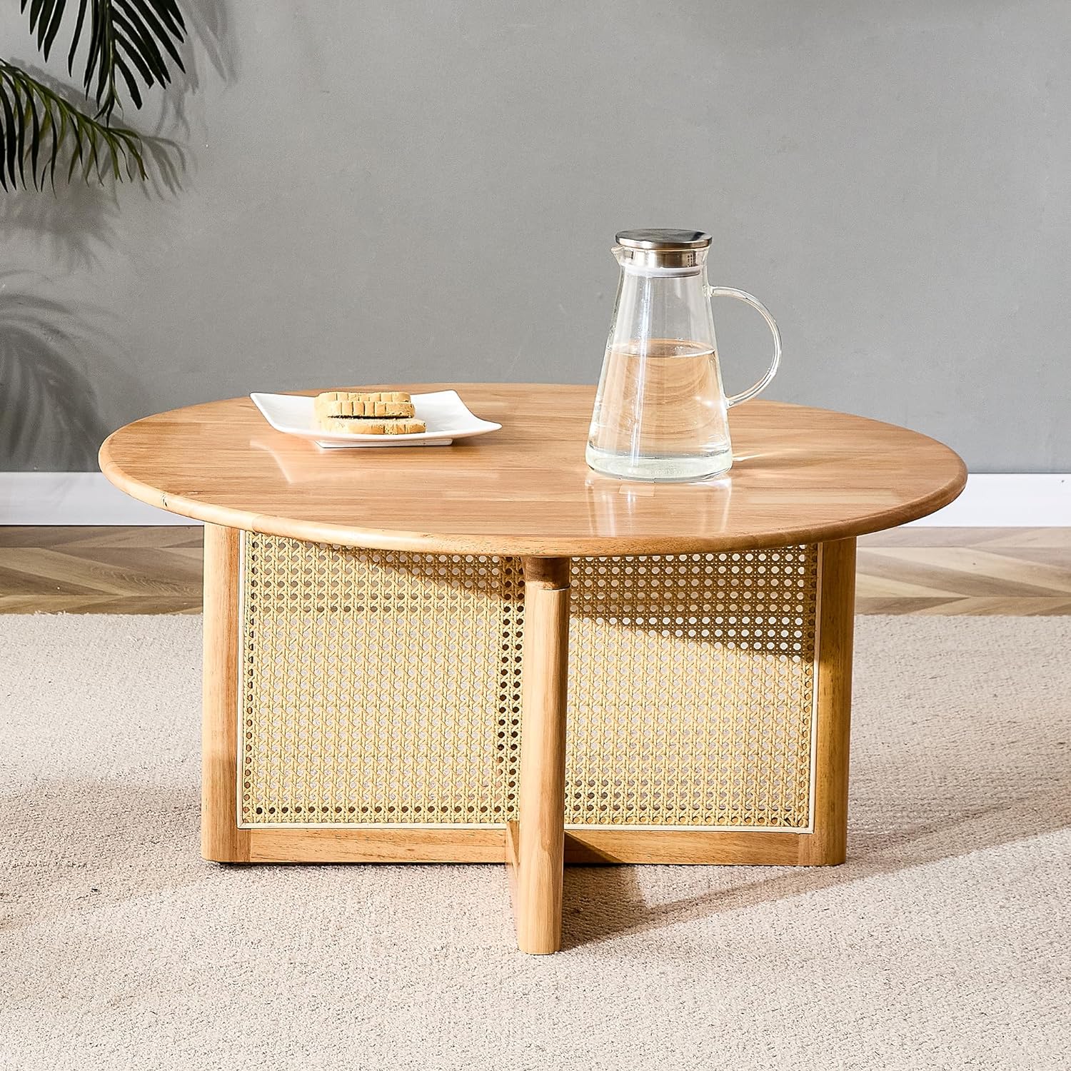 Mid Century Modern Coffee Table with Storage, 41.3 Inch Rectangle Wooden Accent Center Tables with Sliding PE Rattan Woven Door Panel and Solid Wood Legs, Suitable for Living Room, Apartment