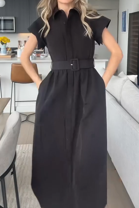 Women's Simple Waisted Single-breasted Short-sleeved Dress