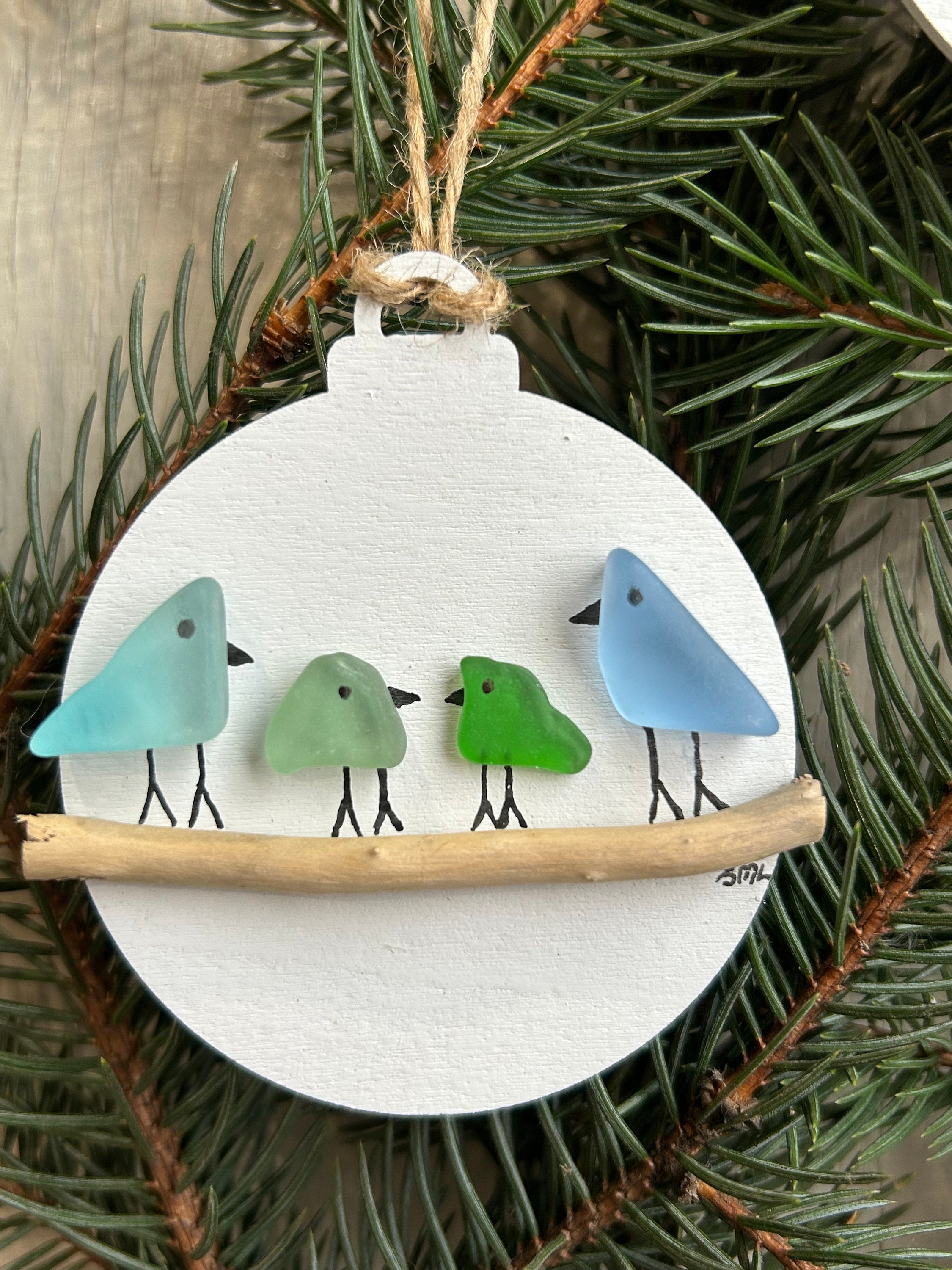 Handmade Family of Sea Glass Birds Christmas Ornament