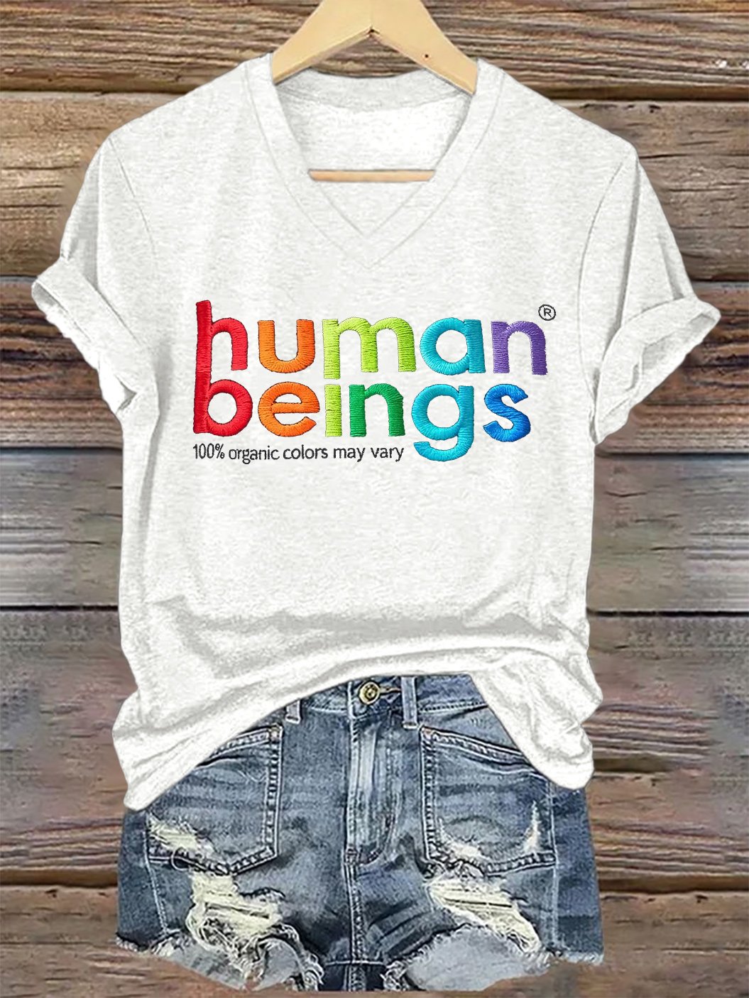 V-Neck Retro Human Beings 100% Organic Colors May Vary Human Rights Equality Pride Print T-Shirt