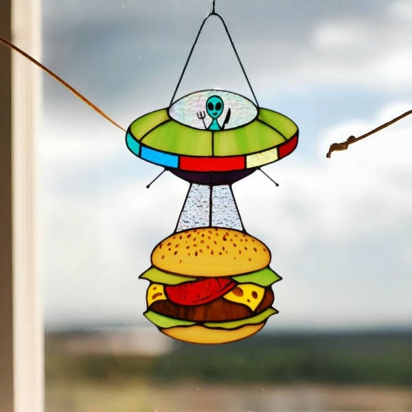 🛸UFO Abduction a Cow Stained Glass Suncatcher