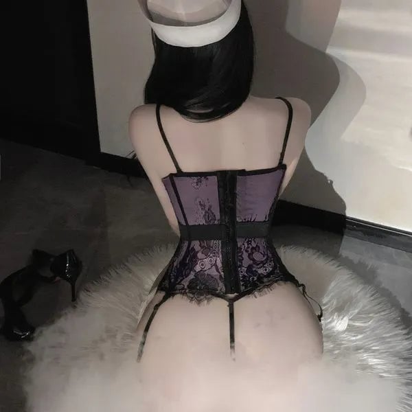 Violet Lace Lingerie Set - Padded Underwire Top & G-String for Feminine Curves PPF0356