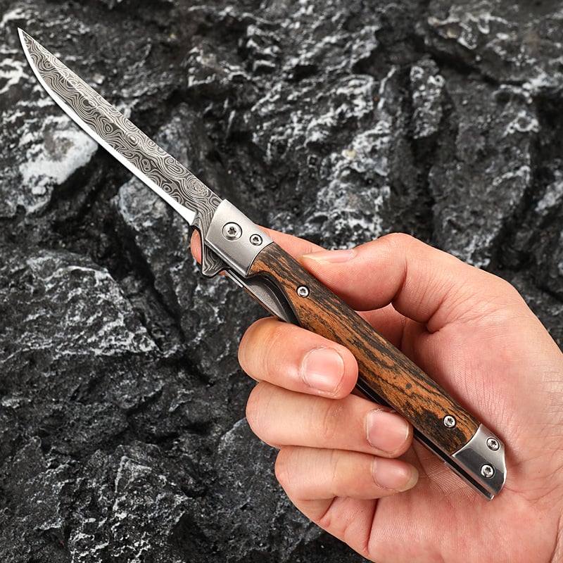 🌲 Outdoor Folding Knife with Wooden Handle & Leather Sheath