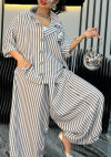 Women's Lapel Striped Casual Cotton and Linen Suit