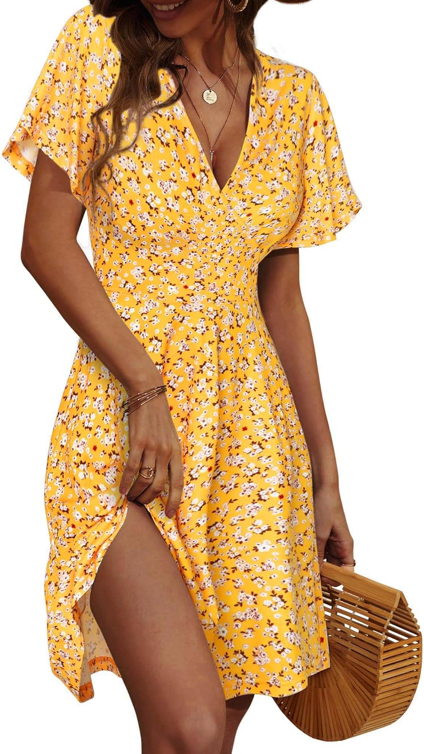 FENSACE Womens Sundress Summer Floral Short Sleeve Wrap V Neck A-Line Midi Dress