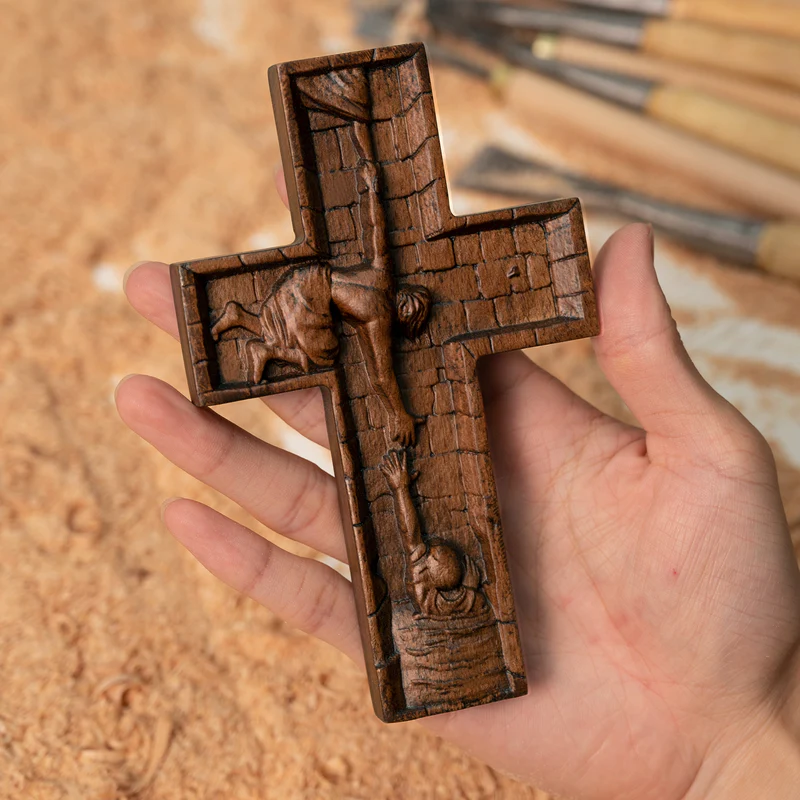 BGCOPPER Savior Jesus Cross - Carved from Natural Wood