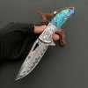 🐺 Damascus Pocket Knife – Handmade VG10 Steel with Abalone Shell Handle