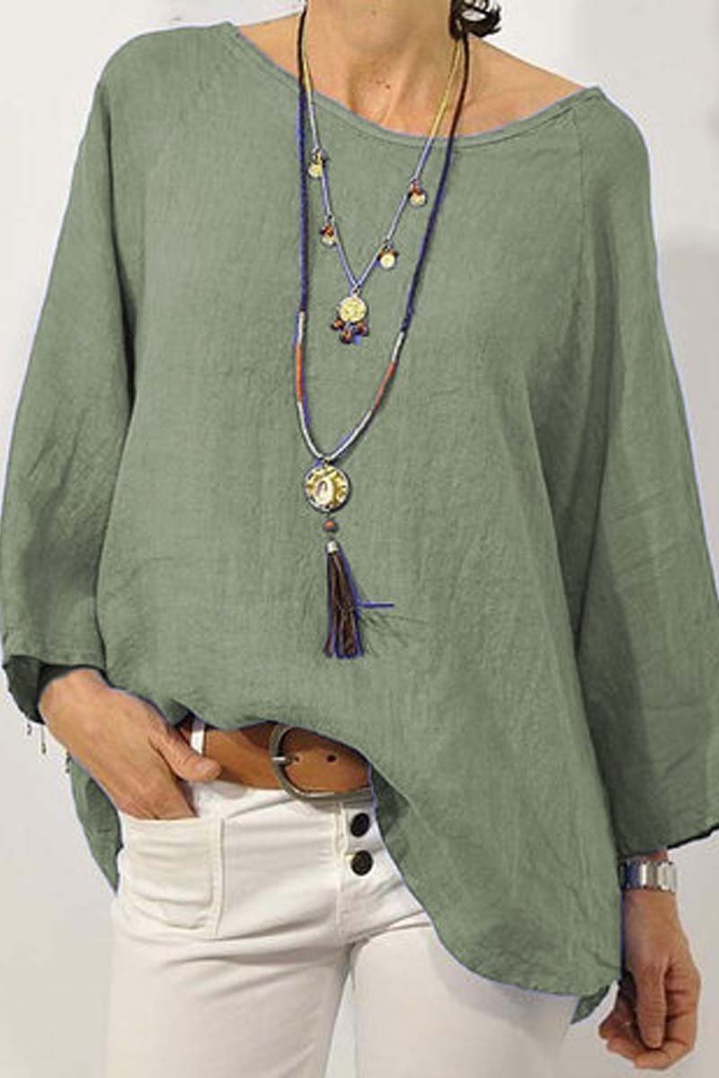 Women's solid color cotton and linen round neck nine-quarter sleeve top
