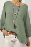 Women's solid color cotton and linen round neck nine-quarter sleeve top