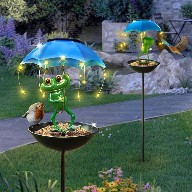 🔥Solar-Powered LED Animal Umbrella Light with Bird Feeder（Frog）