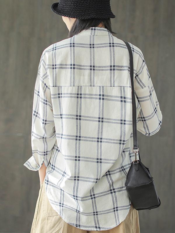 Hilary Lapel Polo Collar Vintage Matching Plaid Print Single-breasted Baggy Cotton Shirt