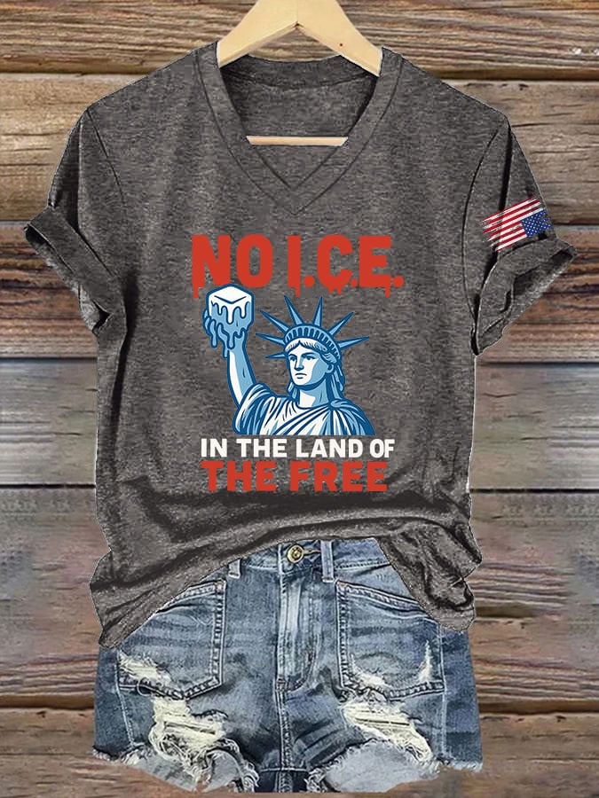 V-Neck Retro 4th Of July No Ice In The Land Of The Free Print T-Shirt