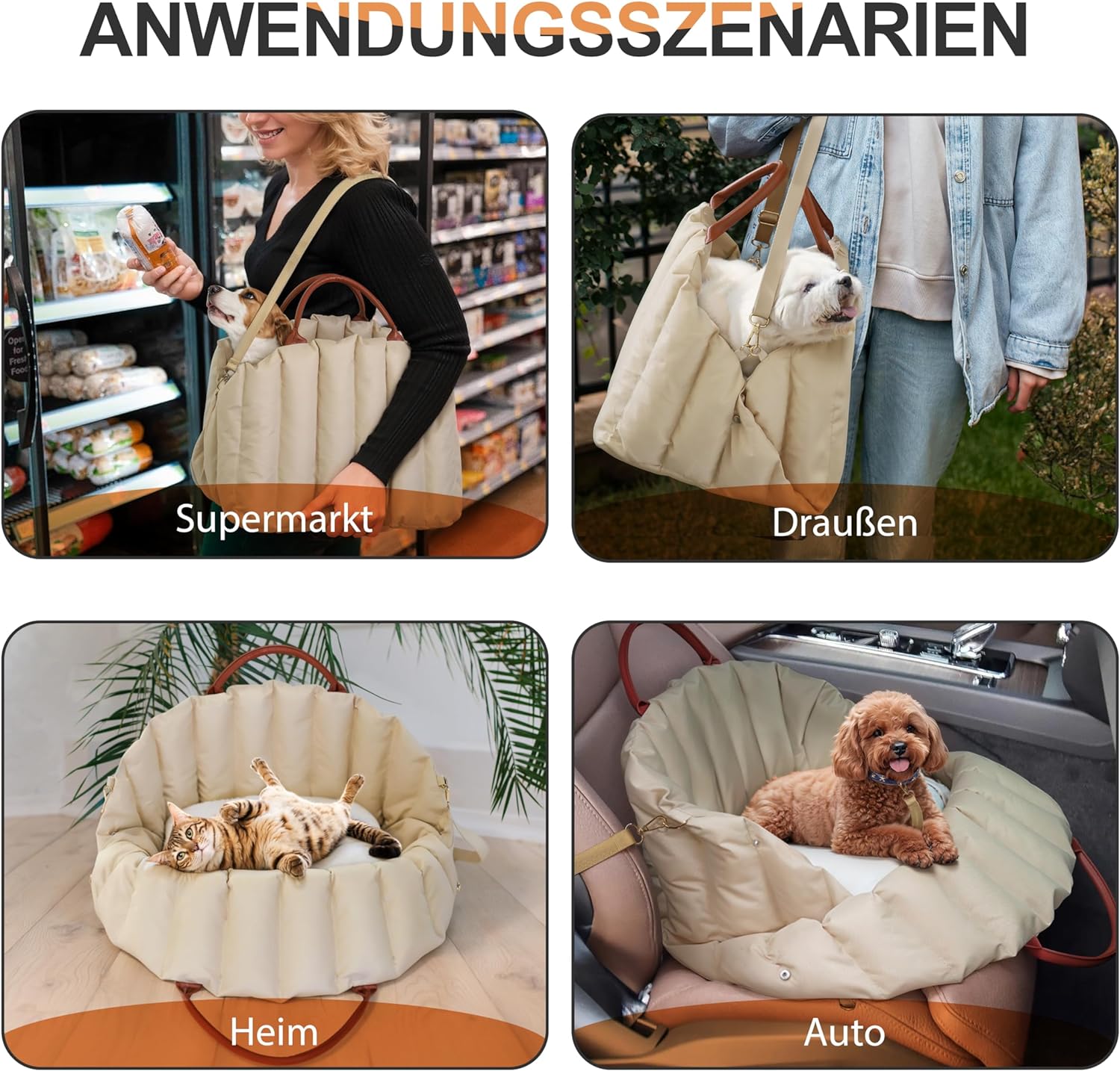 VERCART Hunde Autositz für Kleine Hunde unter 18 kg 2 in 1 Hundeautositz Stabiler Hunde Sitzerhöhung mit Sicherheitsgurten für Haustiere Beige