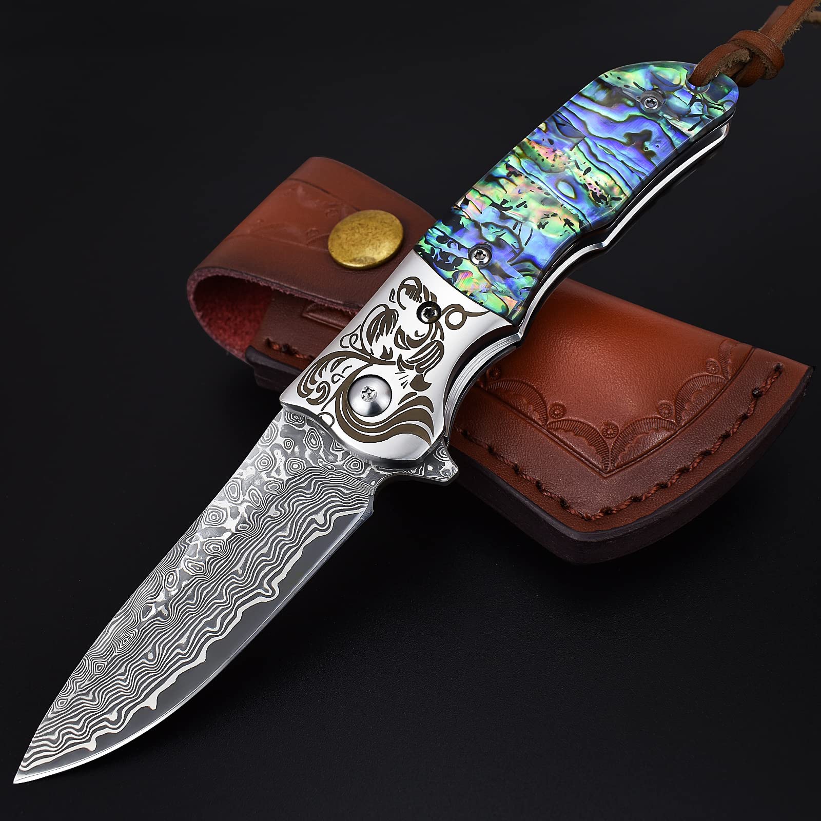 TOSAHWI Handmade Abalone Shells EDC Damascus Pocket Folding Knife