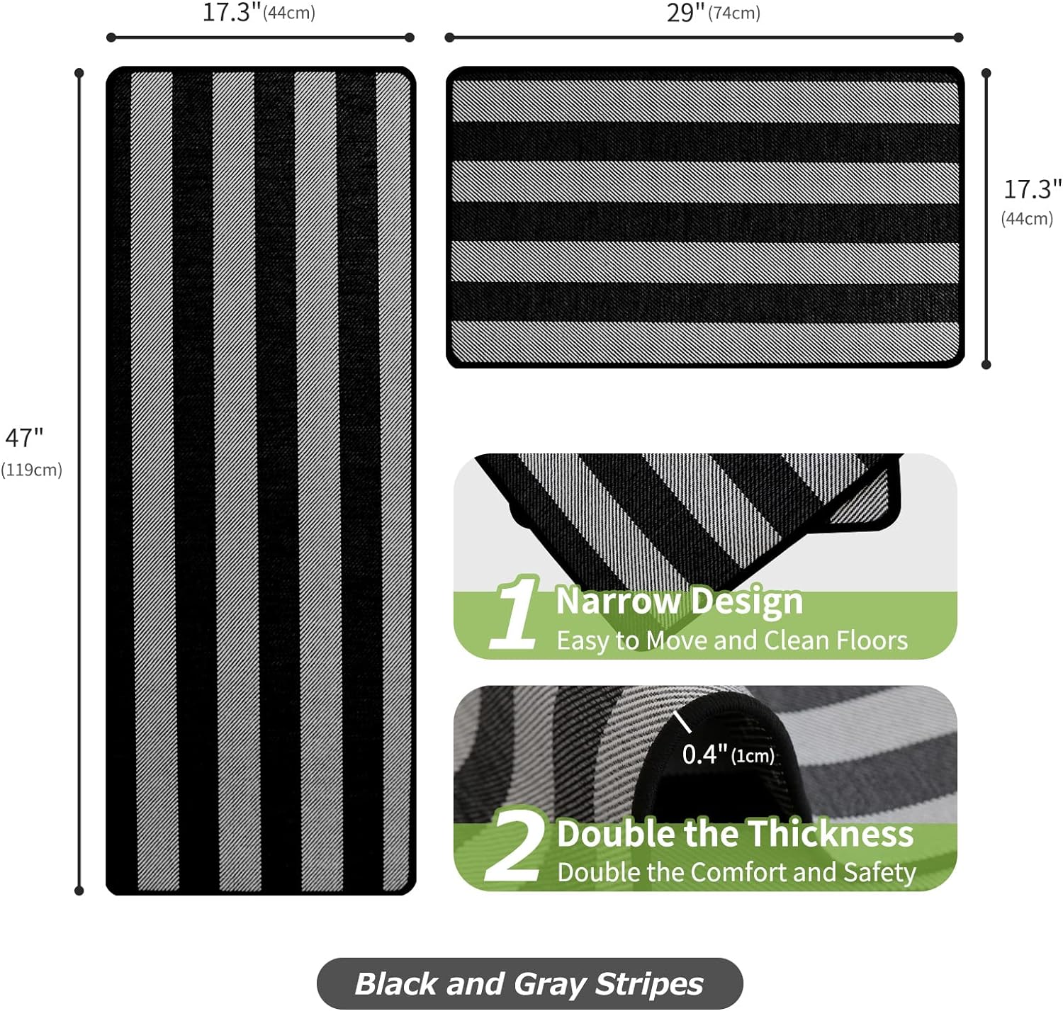 Buffalo Check Plaid Kitchen Rug Set - 2PCS (17x47 & 17x29), Farmhouse Style, Non-Printed Woven Surface, Non-Slip, Machine Washable, Black & White