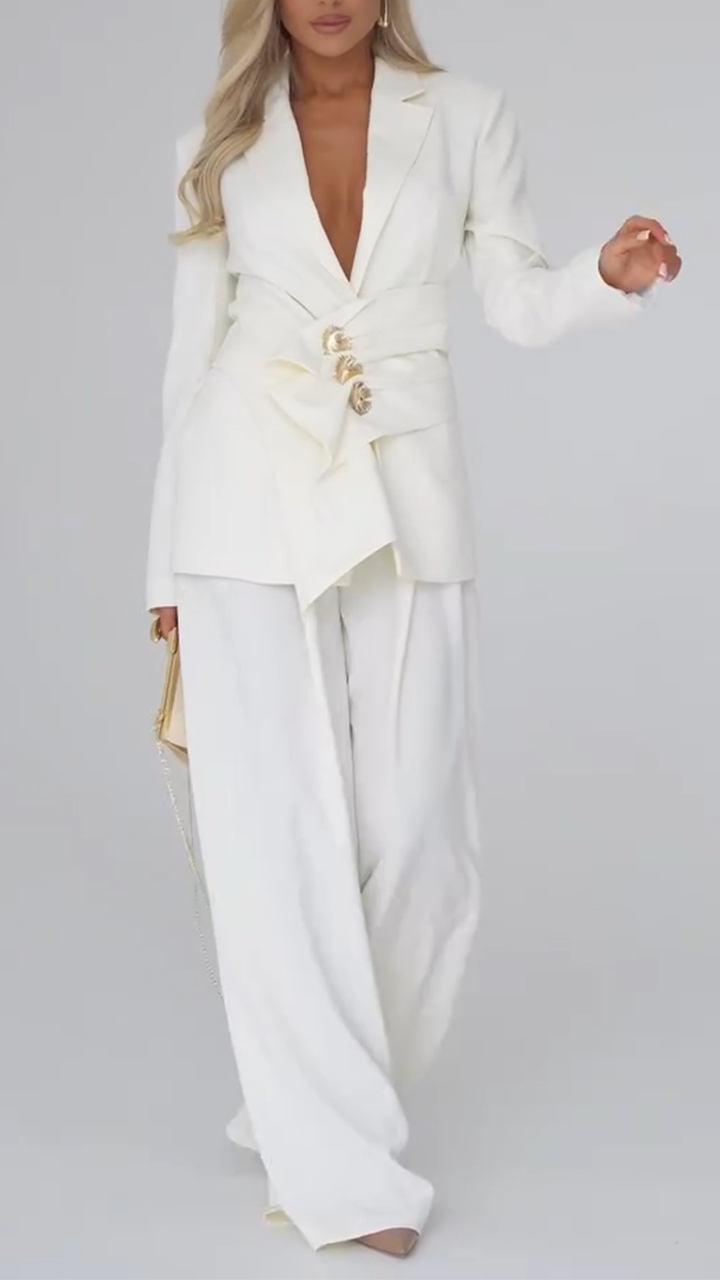 Ladies' Lapel Irregular Waist Design+pants Commuting Style Set