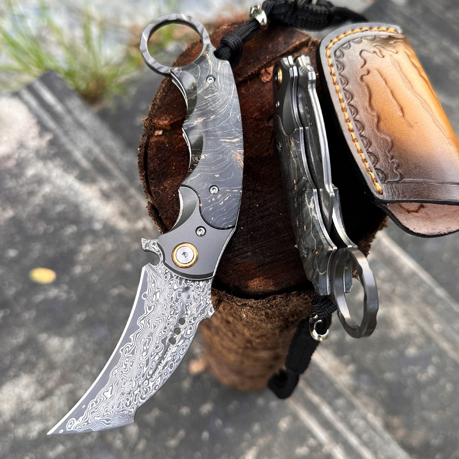 Handmade Damascus steel Folding Pocket EDC Knife-with cowhide sheath And pocket clip