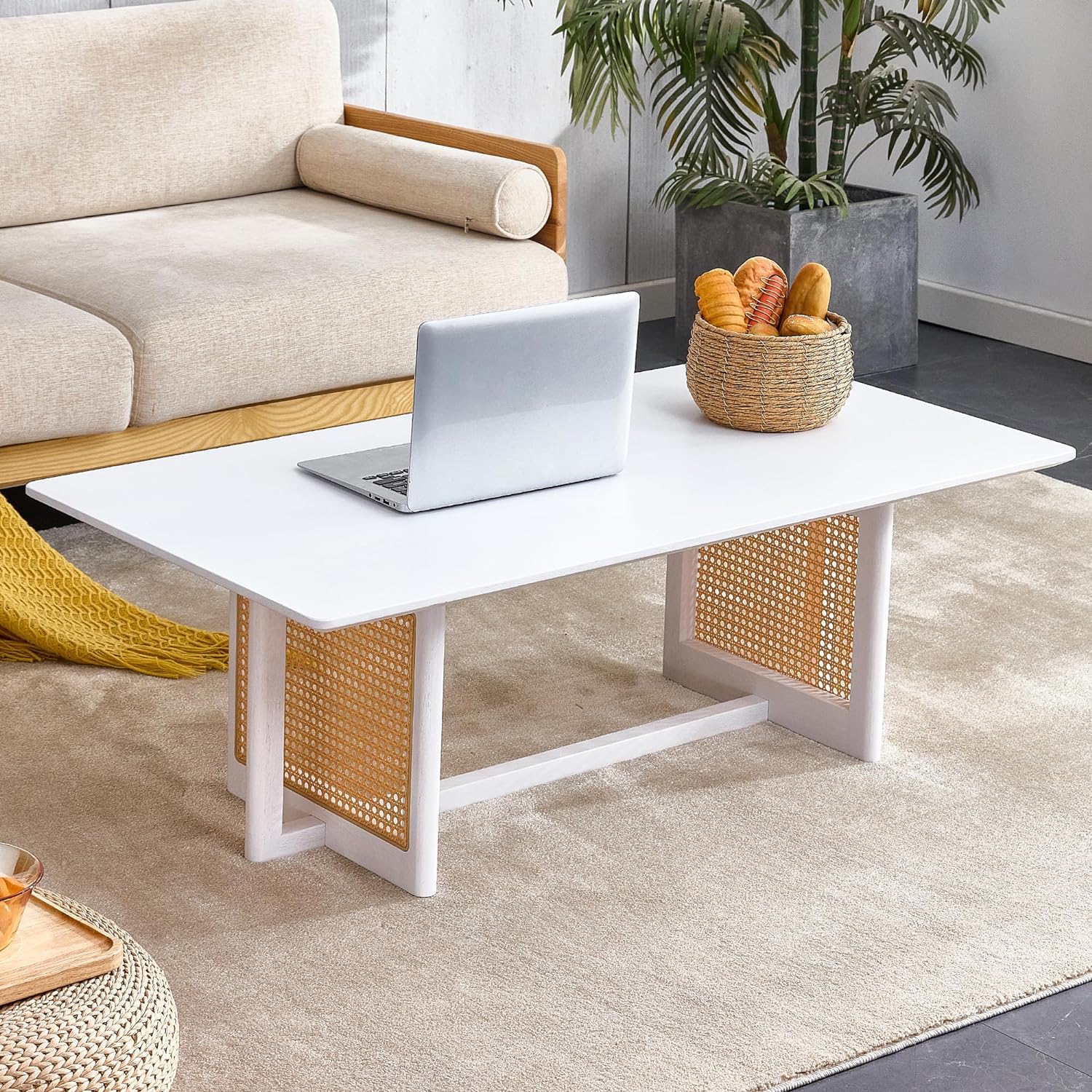 Mid Century Modern Coffee Table with Storage, 41.3 Inch Rectangle Wooden Accent Center Tables with Sliding PE Rattan Woven Door Panel and Solid Wood Legs, Suitable for Living Room, Apartment