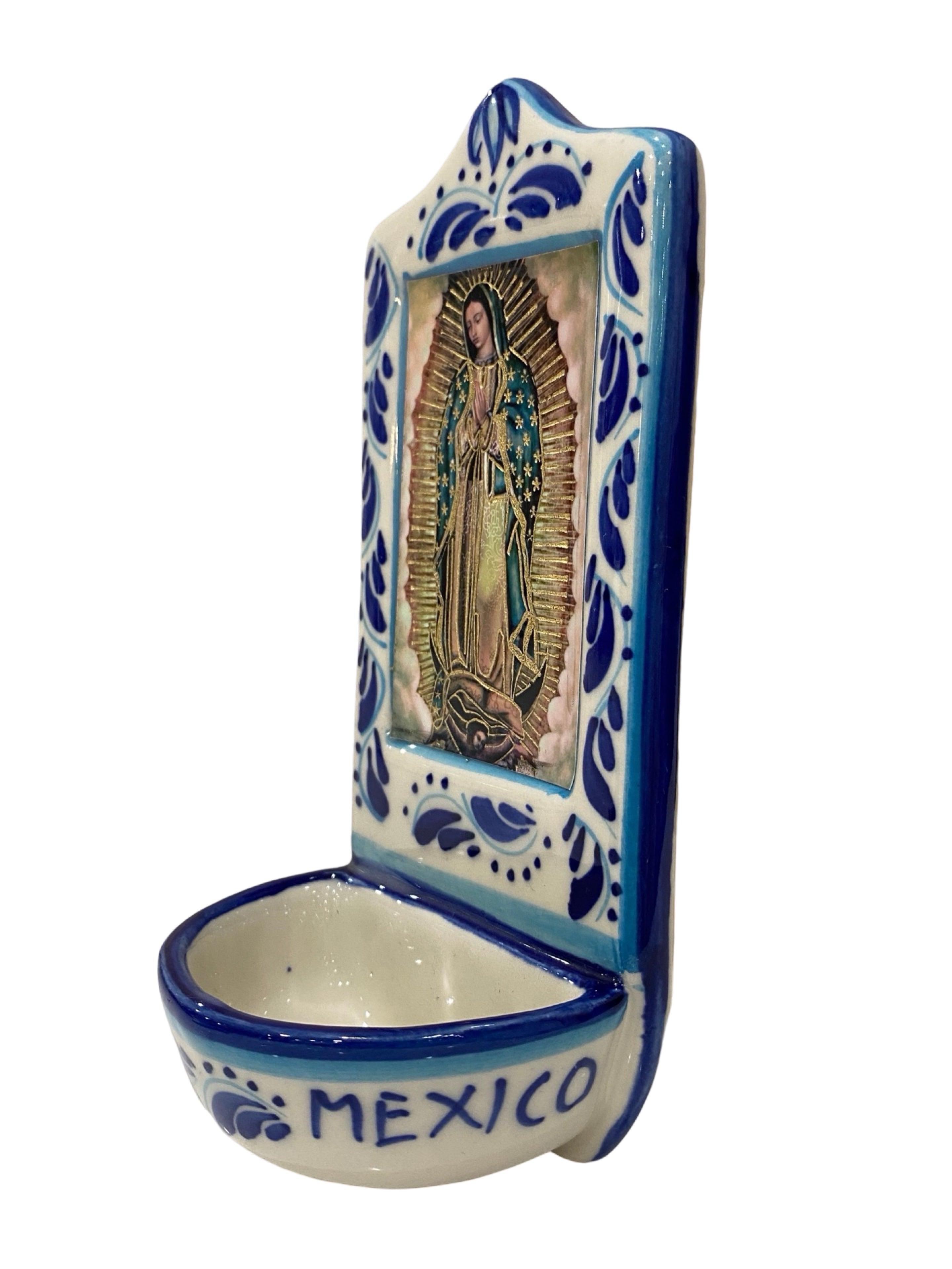 Pila de agua bendita de cerámica pintada Nuestra Señora de Guadalupe