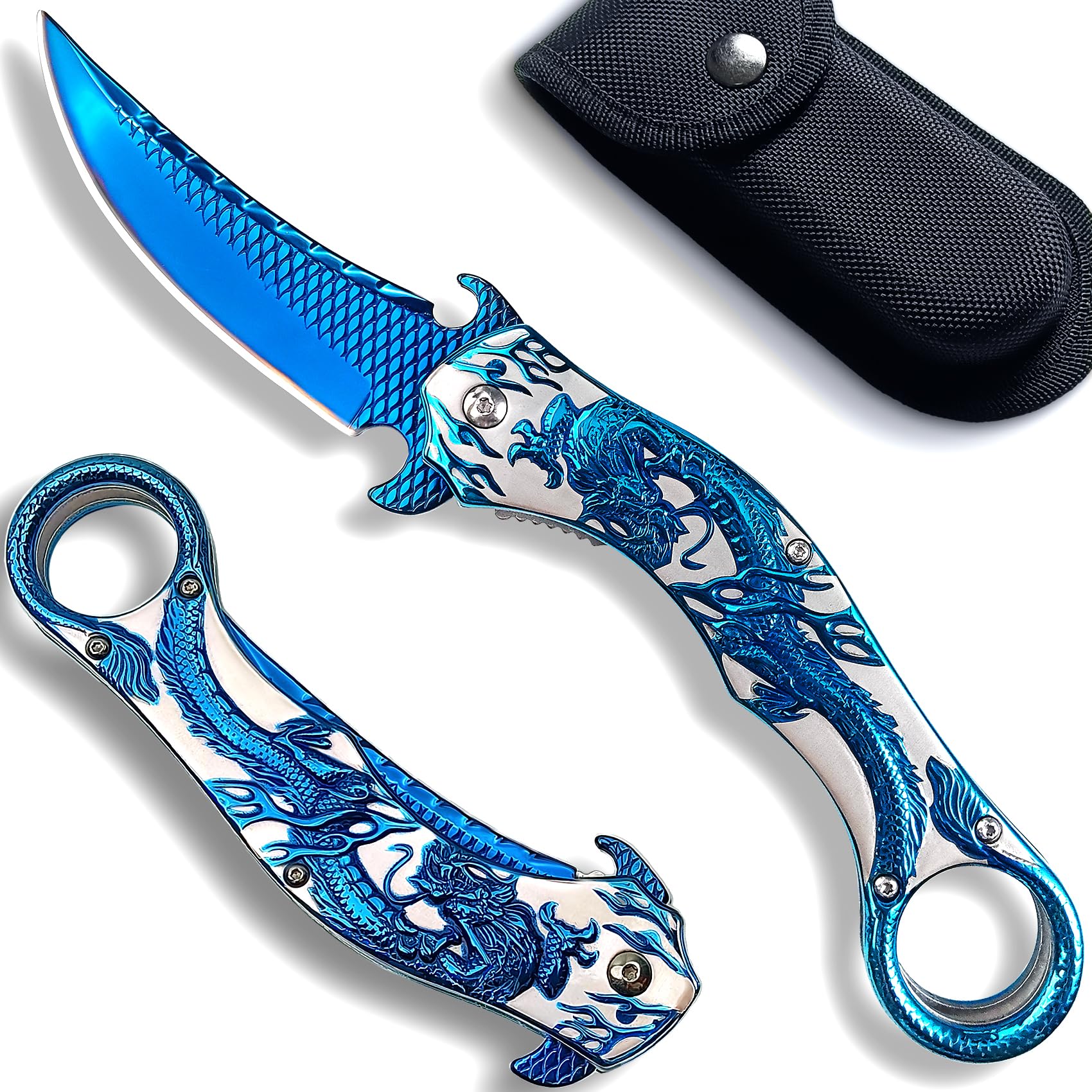 Blue Dragon Knife Dark Side-9Cr18Mo BLADE Pocket Folding Knife With Sheath