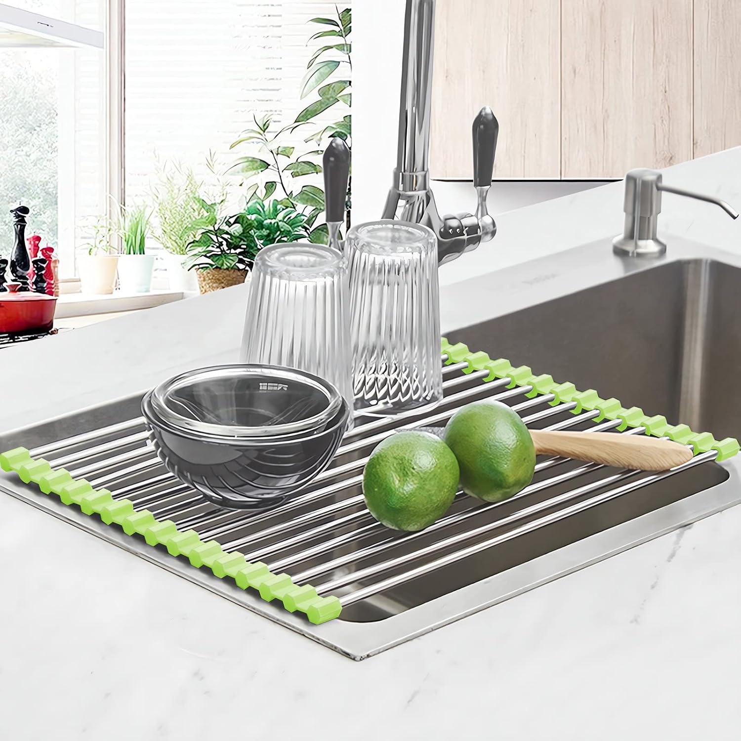 Seropy Roll Up Dish Drying Rack, Over The Sink Dish Drying Rack Kitchen Rolling Dish Drainer, Foldable Sink Rack Mat Stainless Steel Wire Dish Drying Rack for Kitchen Sink Counter Storage 17.5x11.8