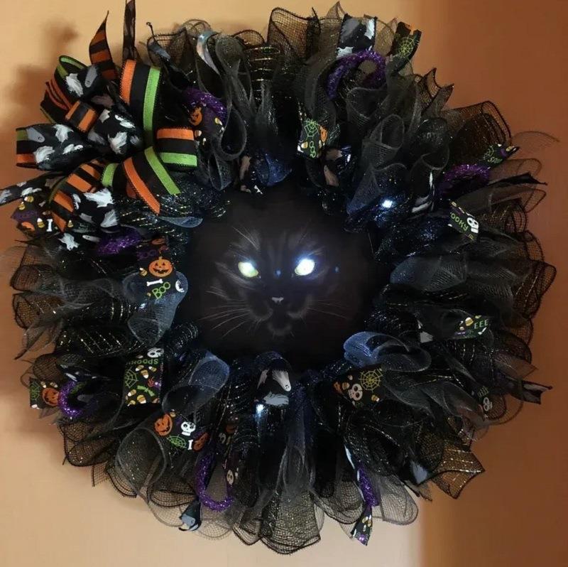 🔥Halloween Sale 49% OFF-🖤Glowing Eyes Black Cat Halloween Wreath