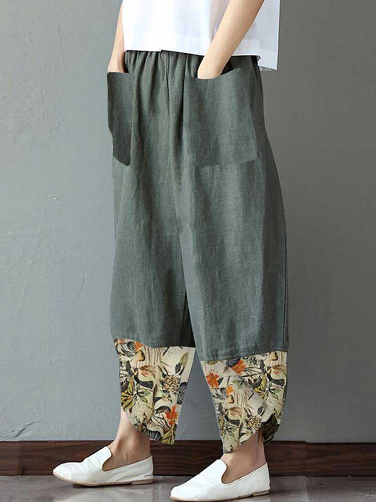 Women Printed Cotton Linen Splicing Irregular Wide-leg Pants