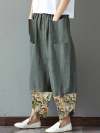 Women Printed Cotton Linen Splicing Irregular Wide-leg Pants