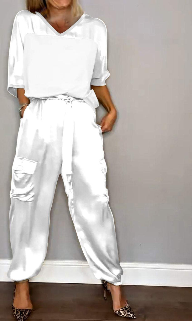 Women's Smooth Satin Half-sleeved Top and Pant Two-piece Suit