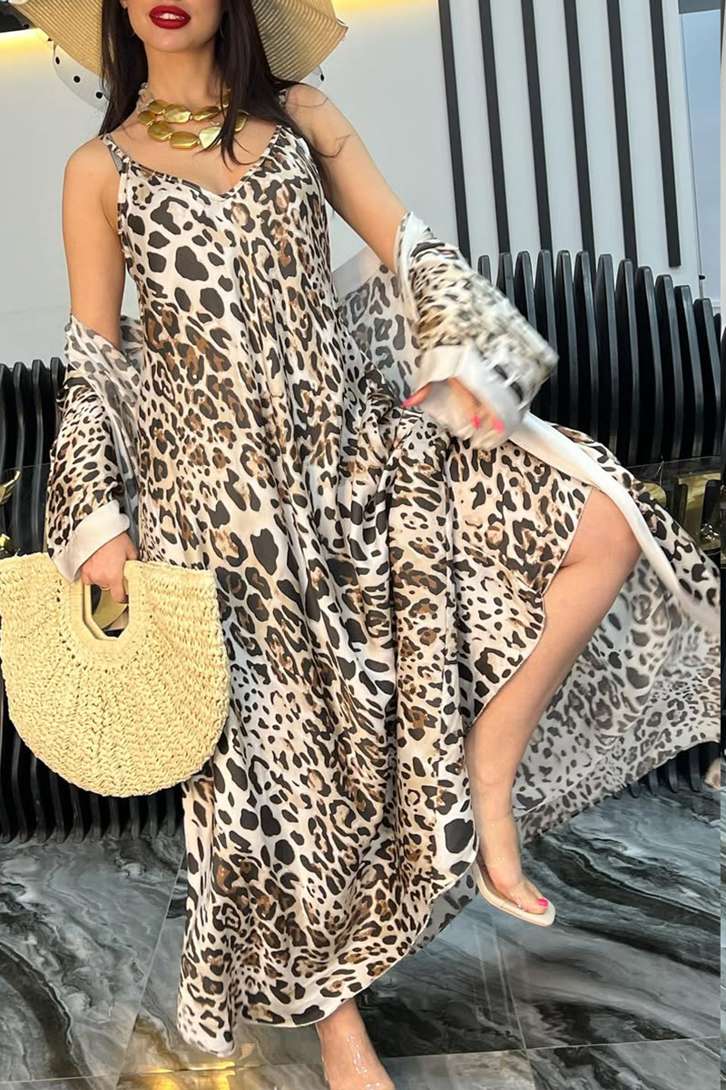 Women's Leopard Print Dress + Long Cardigan Set