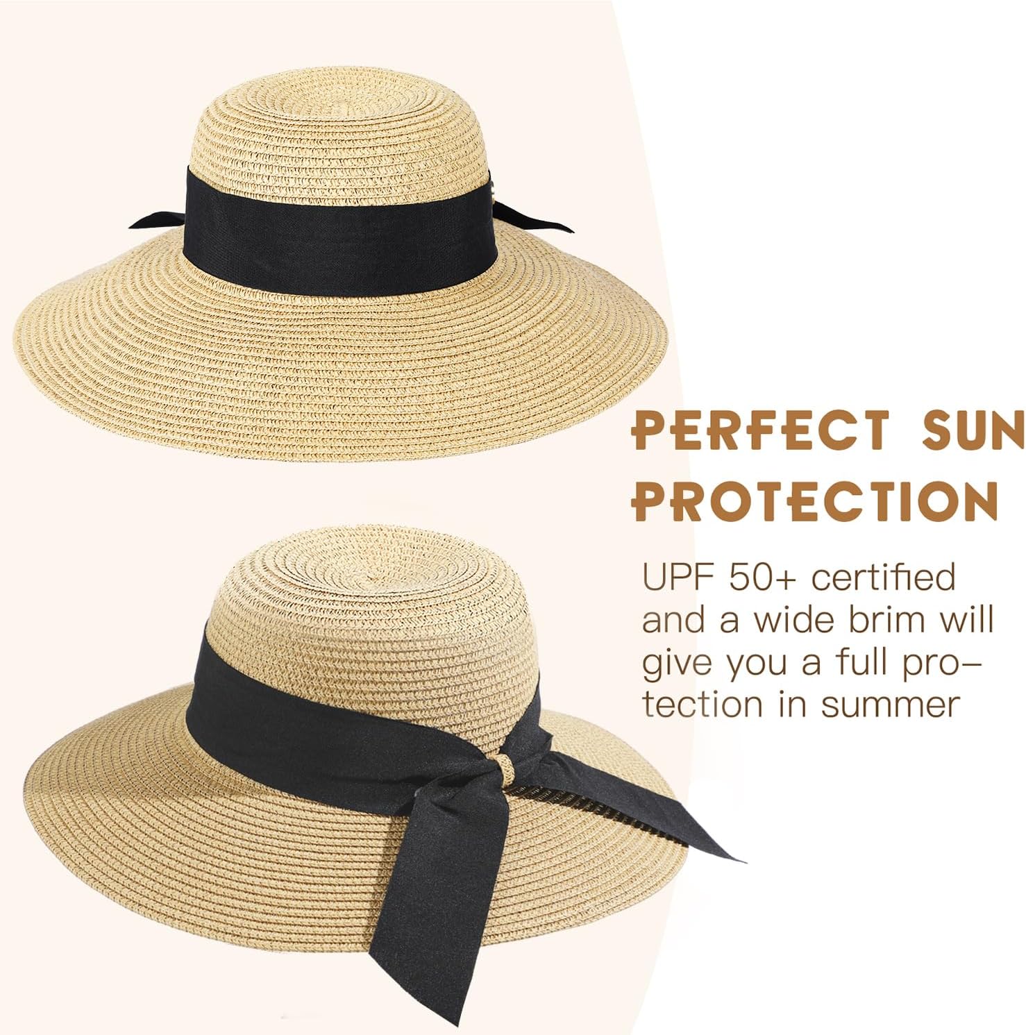 Beach Hat for Women, Wide Brim Sun Straw Hat for Women, Sun Hat Womens UPF 50+ UV Protection, Floppy Foldable Summer Hat