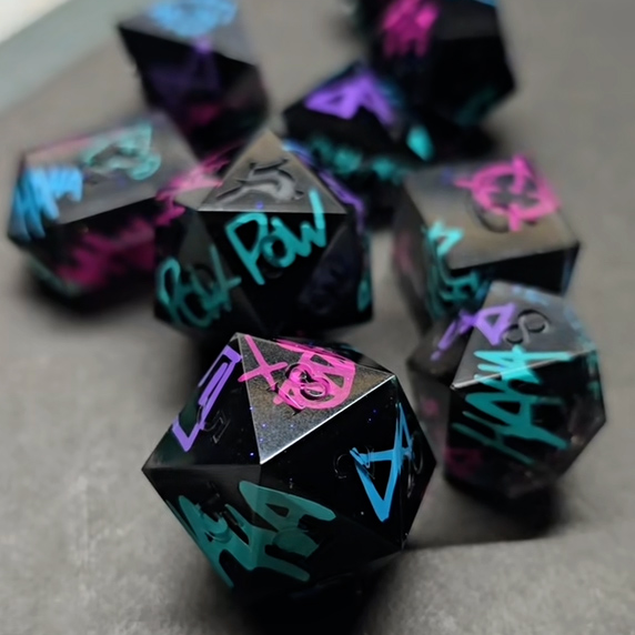 D&D Polyhedral Dice Set - Enchanted Blue and Purple Symbols