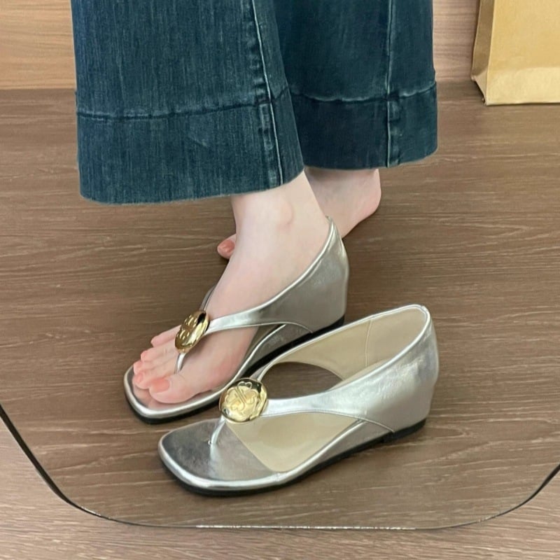 ✨ Metallic Medallion Wedge Sandals