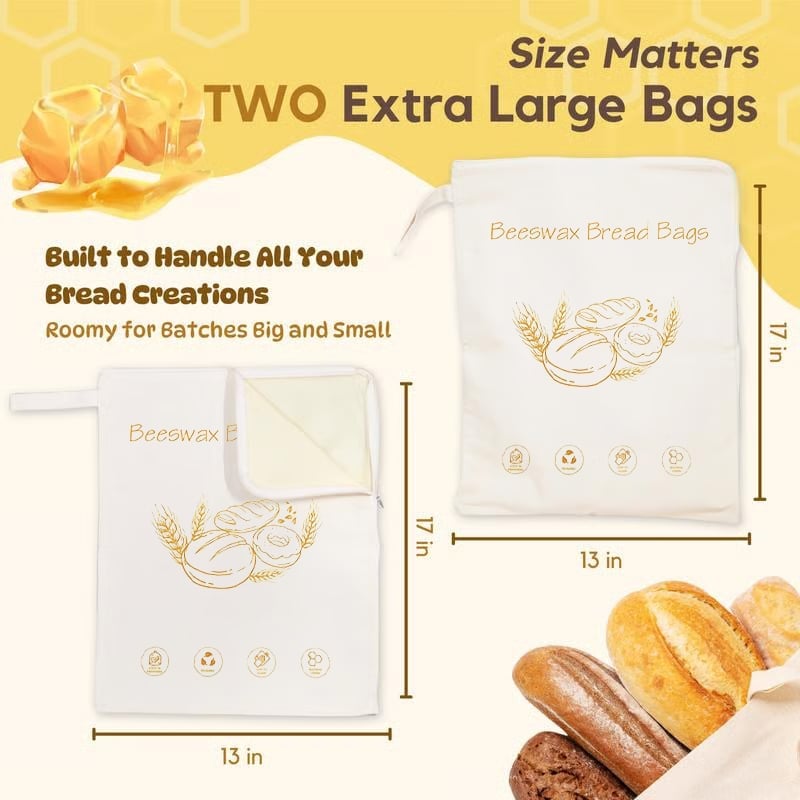🍂TikTok Fall Sale🍞Wide Zipper Access Cotton & Beeswax Bread Bags for Sourdough✨