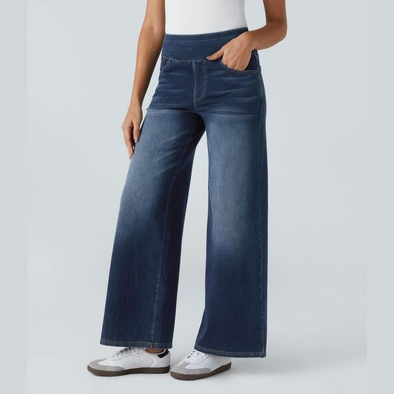 📢Letzter Tag: 49% Rabatt🏆Damen High-Waist Baggy Weite Bein Stretch Strick-Jeans – Bequeme Casual Denim