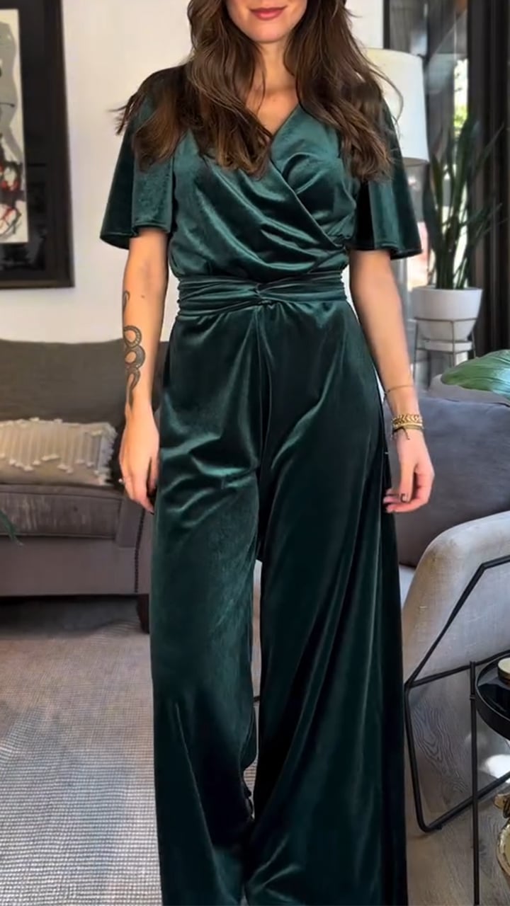 Women's V-neck Lace-up Suede Casual Jumpsuit